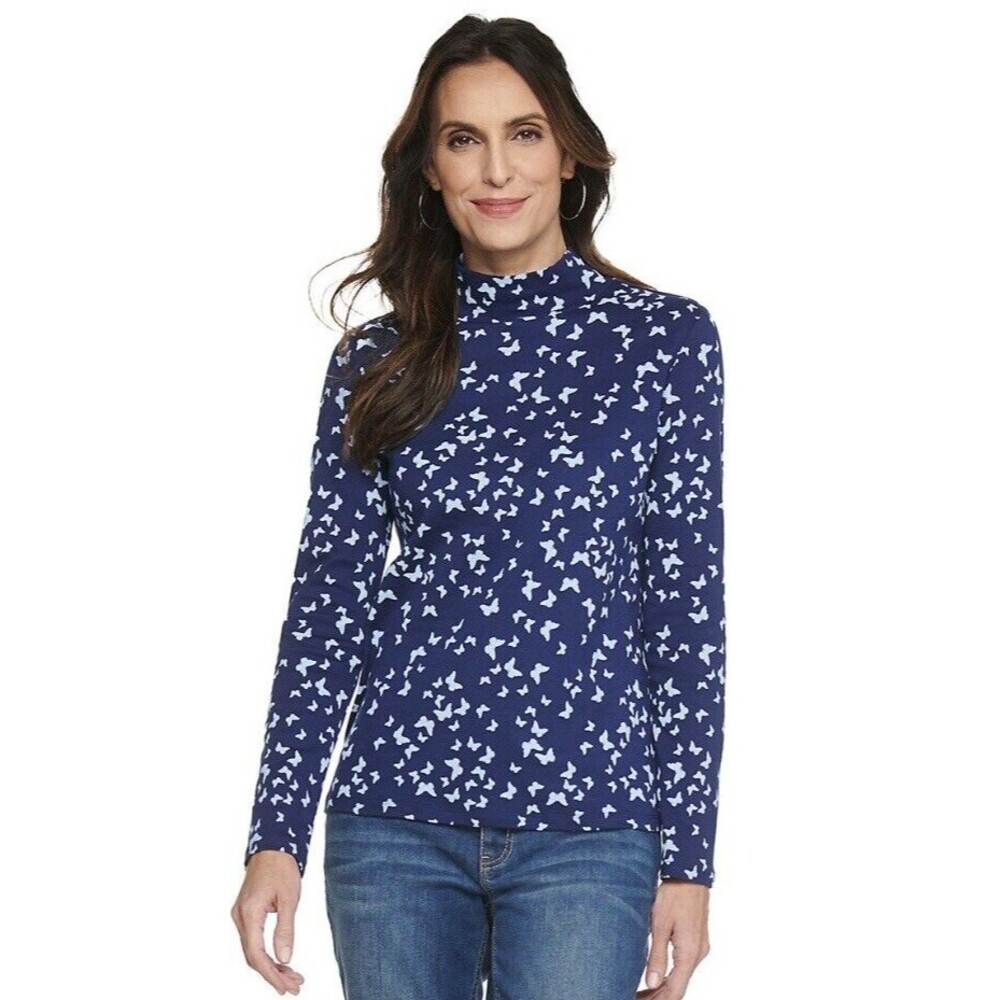 CROFT&BARROW SIZE M LONG SLEEVE MOCK -NECK NAVY FLOWERED NWT hgd
